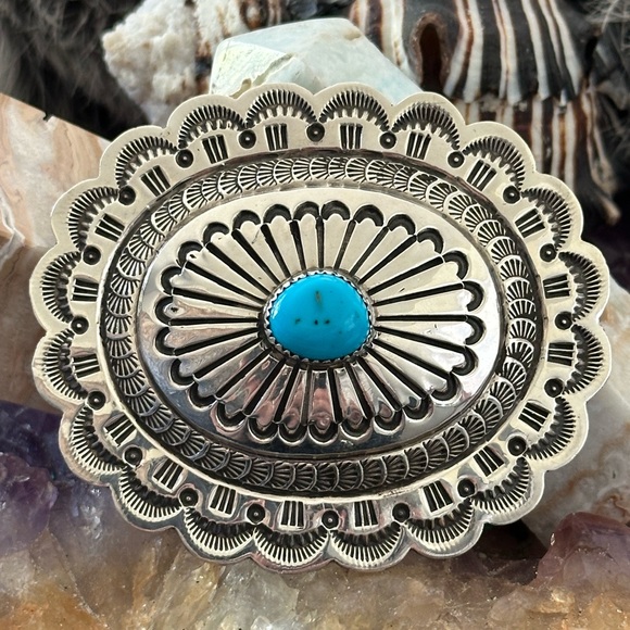 Turquoise native Concho sterling silver belt buckle NEW - Picture 1 of 8